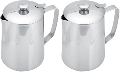 Stainless Steel Pitcher, 350ml Milk Pitcher with Lid，Stainless Steel Coffee Cup Mug Milk Frothing Jug for Latte Coffee Art for Office Kitchen (4.13in Height) (Pack of 2) - size: 11.8 Ounces (Pack of 2)
