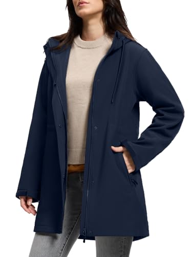 SaphiRose Women's Waterproof Rain Jacket with Fleece Lining Hooded Windbreaker Long Warm Outdoor Softshell Coat - color: Navy, size: Medium