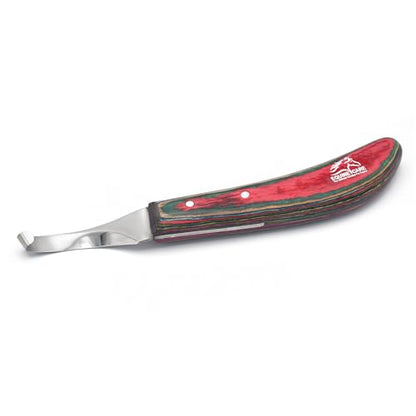 Equine Care Right-Handed Farrier Hoof Knife, Horses Goats Sheep, Red Handle | Farrier hoof knife for horses, goats, sheep and cattle; J2 stainless steel curved blade; red layered handle. - style: Right-Handed