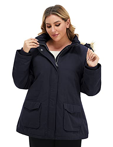 Soularge Women's Winter Plus Size Sherpa Lined Jacket with Hood | Women's Plus Size Workwear Fit,100% Cotton Outer Shell,Soft Fleece Lining,Windproof Stand Collar - color: Navy, size: 3X