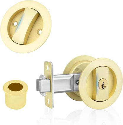 Dontay Pocket Door Keyed Lock, Round Contemporary Entrance Sliding Barn Door Lock Latch, Recessed 2 Sided, 2-3/8 inch Backset, Flush Handles Hardware(Satin Brass,2) - color: Satin Brass