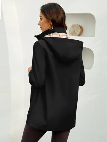 Womens Long Hooded Rain Jacket Waterproof Outdoor Hiking Raincoat Windbreaker Lightweight Trench Coat - color: Black, size: 3X-Large