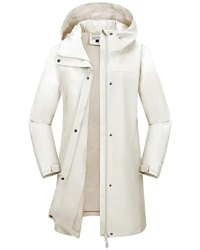 33,000ft Women's Waterproof Rain Jackets Long Rain Coats with Hood - color: Beige, size: Medium