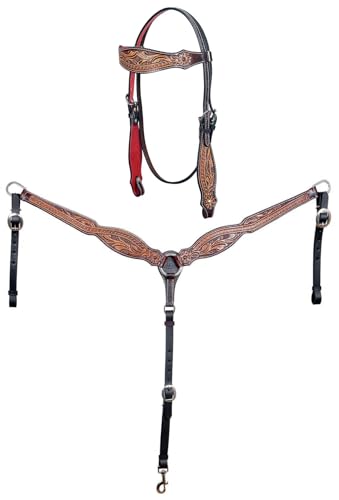 CHALLENGER Horse Western Leather Tooled Headstall Bridle Breast Collar Tack Set 78HRBrowbandSet - color: Antique Floral