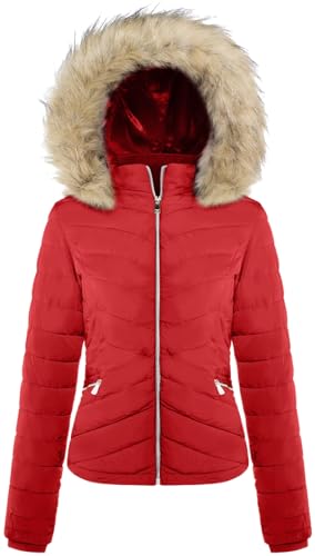BodiLove Women's Fur Hooded Thickened Jacket with Fleece Lining - color: True Red (Light Weight), size: Small
