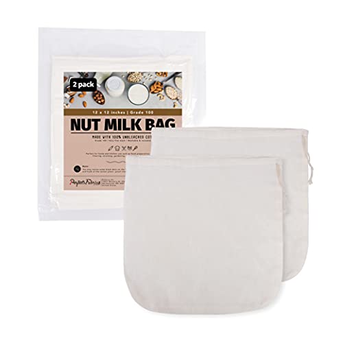 2 Pieces Reusable Grade 100 Nut Milk Bags for Straining, Unbleached Cloth Bag for Juicing Almond Oats NutMilk, Use as Strainer Filter Gardening, Size 12 x 12 Inch, Vacuum Packaging
