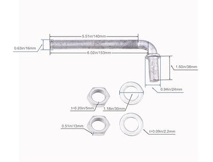 J-Bolt Post Hinge with 5/8" Hinge Pin Galvanized Post Gate Hinge for Chain Link Fence, Washers & Nuts Included (6" (2 Pcs)) - size: 6" (2 Pcs)