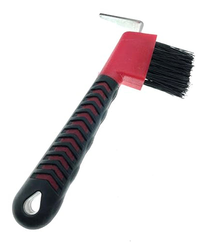 Horse Hoof Pick with Brush - Non-Slip Ergonomic Handle, Heavy-Duty Steel Pick & Stiff Bristles - Removes Dirt, Mud & Rocks - Horse Grooming Tool for Daily Hoof Care (Red) - color: Red