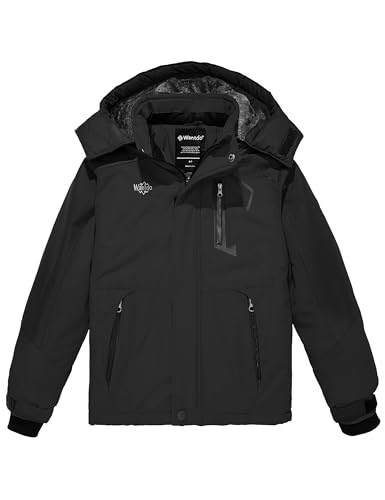 Wantdo Boy's Waterproof Ski Jacket Fleece Snowboarding Jackets Warm Thick Winter Coat Hooded Raincoats - color: Black, size: 6-7