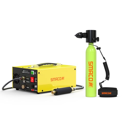 SMACO Mini Scuba Tank 0.5L Portable Reusable Diving Tank Emergency Diving Cylinder for Snorkeling, Freediving, Boat Cleaning & Air Backup Lightweight & Compact Design Pony Bottle S300 - style: Scuba Tank (Green) +Air Compressor
