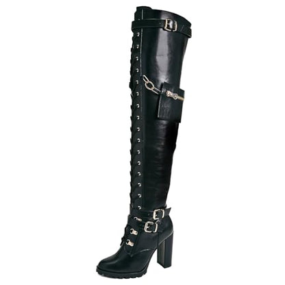 Yishaweiqi Buckle Strap Wide Calf Thigh High Boots for Women Chunky Block High Heel Over The Knee Boots Lace up Riding Combat Boots Ladies Side Zipper Tall Long Boots - color: Black, size: 11