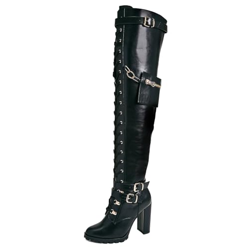 Yishaweiqi Buckle Strap Wide Calf Thigh High Boots for Women Chunky Block High Heel Over The Knee Boots Lace up Riding Combat Boots Ladies Side Zipper Tall Long Boots - color: Black, size: 10