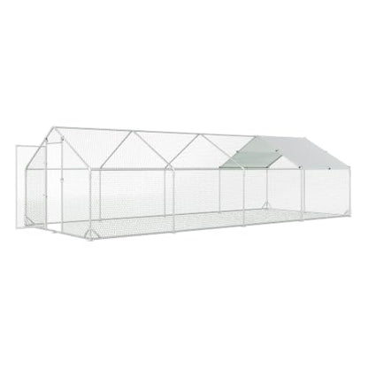 4ever2buy Metal Chicken Coop, 9.5x25 FT Walk-in Chicken Run Pen Poultry Cage, Water-Resistant & Anti-UV Cover, Large Chicken Coop for 25-30 Chickens - size: 298.8"L x 114.0"W x 76.8"H
