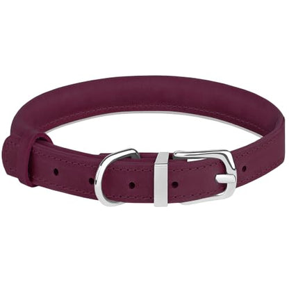 OOPSDOGGY Rolled Leather Dog Collar Reflective – Genuine Leather Round Dog Collar for Small Medium Large Dogs (Burgundy, 8" - 11") - color: Burgundy, size: 8" - 11"