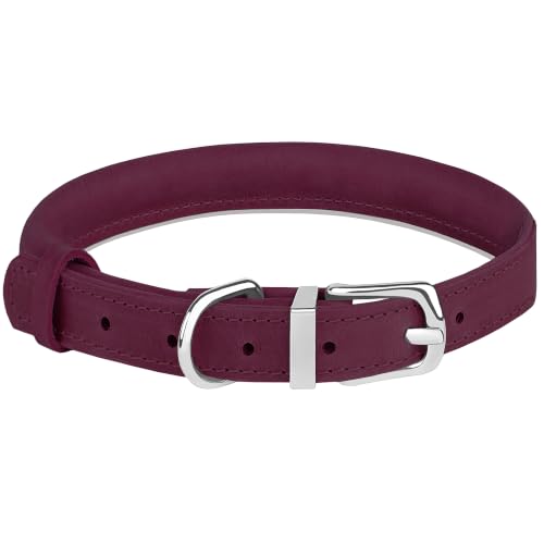 OOPSDOGGY Rolled Leather Dog Collar Reflective – Genuine Leather Round Dog Collar for Small Medium Large Dogs (Burgundy, 14" – 18") - color: Burgundy, size: 14" – 18"