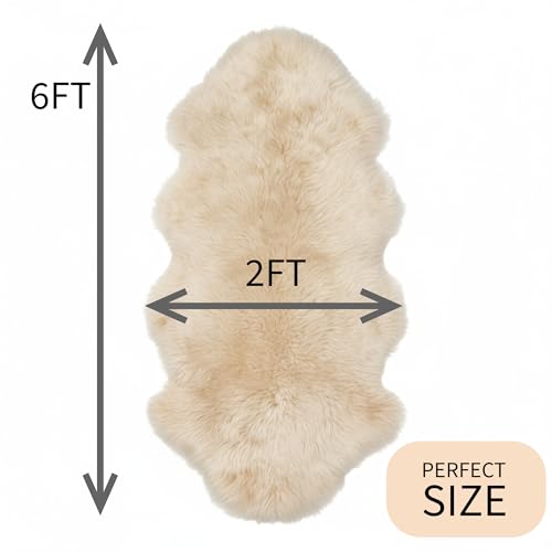 Premium Champagne Sheepskin Rug Genuine Double 2x6ft Pelt Fluffy Fur Rug for Bedrooms - color: Champagne, size: 2' x 6' (Natural)