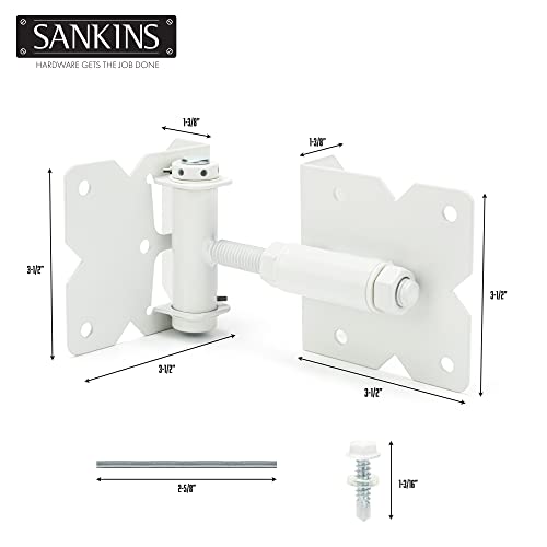Self Closing Gate Hinges Heavy Duty Hardware Hinges for Wooden/Vinyl/PVC Fences, 90 Degree Adjustable Gate Hinge with Installation Screws and Swing Adjuster Tool, 2 Pack/Set, White - color: White