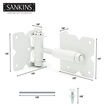 Self Closing Gate Hinges Heavy Duty Hardware Hinges for Wooden/Vinyl/PVC Fences, 90 Degree Adjustable Gate Hinge with Installation Screws and Swing Adjuster Tool, 2 Pack/Set, White - color: White