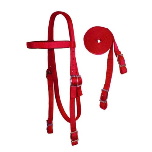 Tahoe Tack Double Layer Nylon Full Horse Headstall with Split Reins - color: Red, size: Cob (Medium)