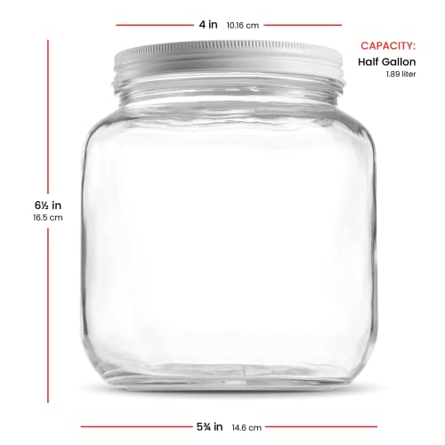 Paksh Novelty 64 oz Mason Jar, Half Gallon Jar, Wide Mouth, Clear, 4 Pack | Half gallon mason jar, airtight metal lid, 4 in wide mouth, USA-made soda-lime glass, canning, fermenting, dry food storage
