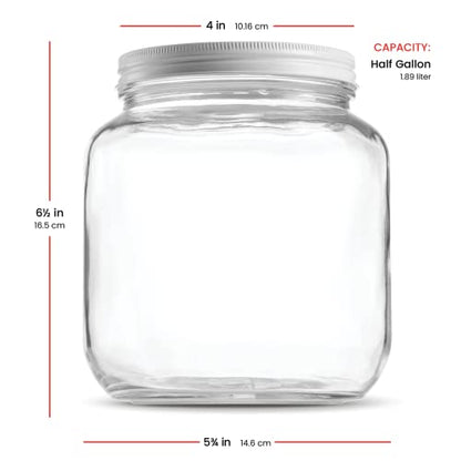 Paksh Novelty 64 oz Mason Jar, Half Gallon Jar, Wide Mouth, Clear, 4 Pack | Half gallon mason jar, airtight metal lid, 4 in wide mouth, USA-made soda-lime glass, canning, fermenting, dry food storage