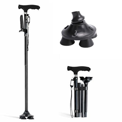 Folding Walking Cane for Seniors, Second Handle, Quad Base