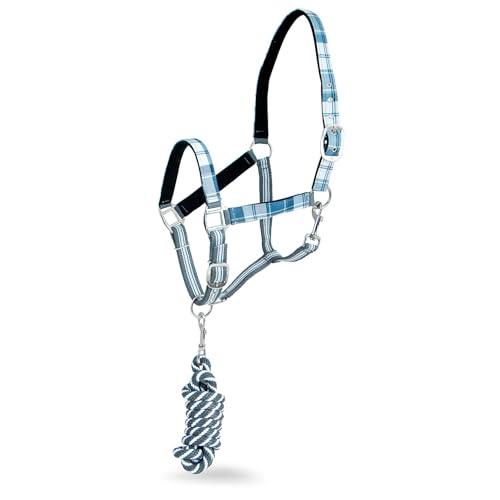 Jeffers Poplar Head Adjustable Padded Nylon Halter & Matching Lead Set with Quick Snap for Horses, Full Size Horse Halter with Padded Noseband & Crown, Equestrian Training Tack for Stable or Ranch Us - color: Waterloo and Cream