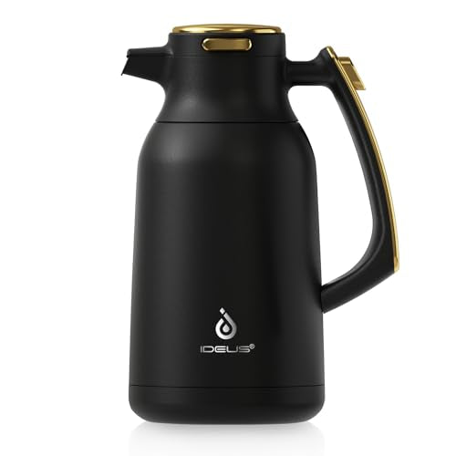 IDEUS Thermal Coffee Carafe 68oz, Beverage Dispenser Black-Gold | Stainless Steel Double Wall Vacuum Insulation Creamer Pitcher Water Jug Coffee Server, Coffee Carafe for Keeping Hot and Cold - color: Black-Gold, size: 68 Ounces
