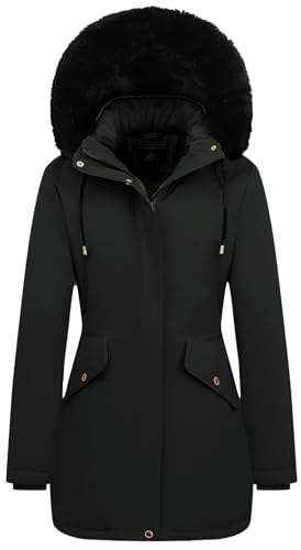 MOERDENG Women's Long Winter Down Coat Thicken Fleece Lined Puffer Jacket | Faux Fur Detachable Hood Parka Warm,Waterproof and Windproof Overcoat - color: Black, size: Large
