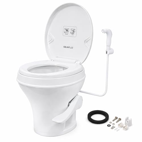 SEAFLO RV Toilet with Sprayer Attachment - White, 18.4” Residential Height, Gravity Flush Foot Pedal Camper Toilet Soft Close Seat Elongated Bowl Motorhome, 4-Year Warranty, SFRTPH-01-02 - color: White-Sprayer