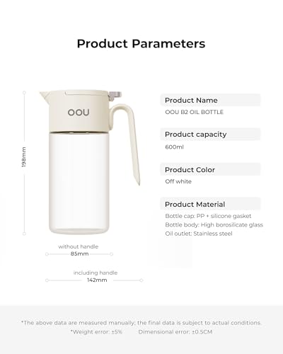 OOU B2 Oil Dispenser Bottle, 20oz/600ml Borosilicate Glass Olive Oil Bottle with One-Step Pop-Up Lid, One-Hand Pour Control, Leak-Resistant Silicone Seal, Stainless Steel Spout & 304 Filter, Off-White