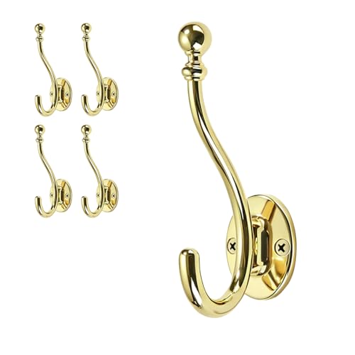 AVICCI 5 Pack Coat Hooks Polished Gold Coat Hook,Heavy Duty Hooks Decorative Wall Hooks for Bathroom Bedroom Kitchen Towel Robe Clothes Cabinet Closet Bathroom Hardware - color: Polished Gold