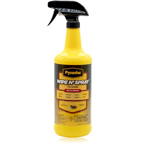 PYRANHA Wipe N' Spray for Horses - Oil-Based Long Lasting Fly Control Repels Horn, Deer, Horse, House, Stable, & Face Flies, Ticks, Mites, Mosquitoes, Gnats & Lice, 1 Quart - size: 1 Quart