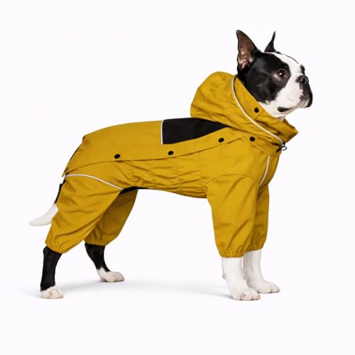 LOVELONGLONG Fleece-Lined Dog Raincoat with Removable Hood – Waterproof Winter Full Body Dog Jacket – Windproof Snowproof Cold-Weather Suit – Yellow-F L - color: Mustard Yellow Fleeced, size: L (Back 16.5")