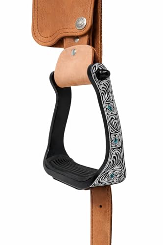 CHALLENGER Horse Western Black Engraved Rhinestone Barrel Racing Aluminum Show Stirrups 51179v - color: Black/Turquoise, size: 4-3/4" Width, 4-3/4" Height