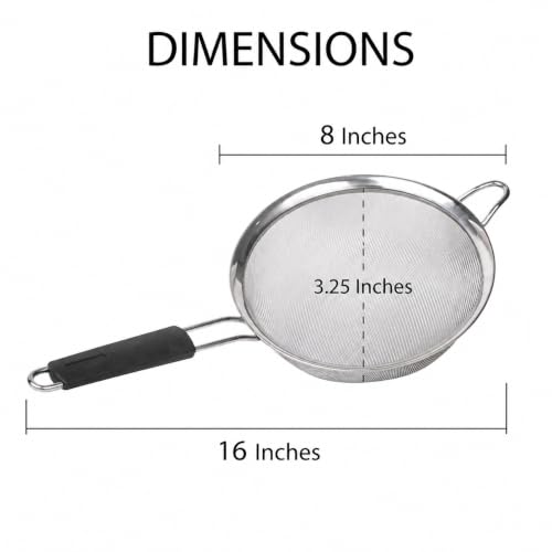 HIC Kitchen Fine Mesh Strainer, 8-Inch, Stainless Steel And Silicone | Support Handle, Silicone Comfort Grip, Fine Mesh Filtration, Non-Reactive, Dishwasher Safe - size: 8-Inch