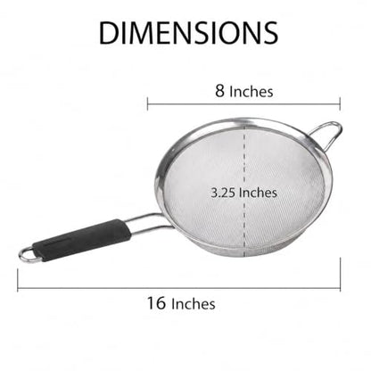 HIC Kitchen Fine Mesh Strainer, 8-Inch, Stainless Steel And Silicone | Support Handle, Silicone Comfort Grip, Fine Mesh Filtration, Non-Reactive, Dishwasher Safe - size: 8-Inch