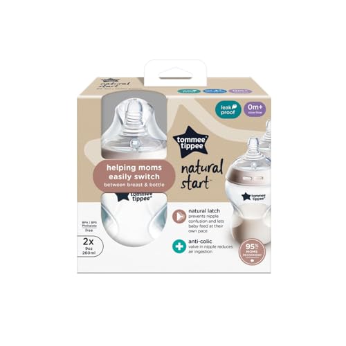 Tommee Tippee Natural Start Anti-Colic 9 oz BPA Free Baby Bottles, 0+ Months, Slow Flow Breast-Like Nipple, Self Sterilizing, Designed for Seamless Transition Between Bottle & Breast, Clear, Pack of 2 | Pack of 2, Slow Flow Breast-Like Nipple, Self-Steril