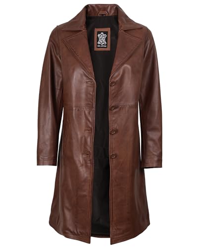 fjackets Lambskin Stylish Leather Car Coats for Womens - Real Long Leather Jacket Women Casual Leather Coat - color: Cognac Brown, size: X-Small
