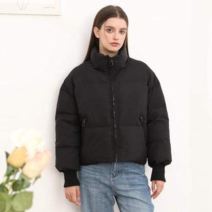 SXGYH Women’s Winter Cropped Puffer Jacket Coat Casual Quilted Baggy Long Sleeve Zip Down Jackets Outerwear - color: Black, size: Small