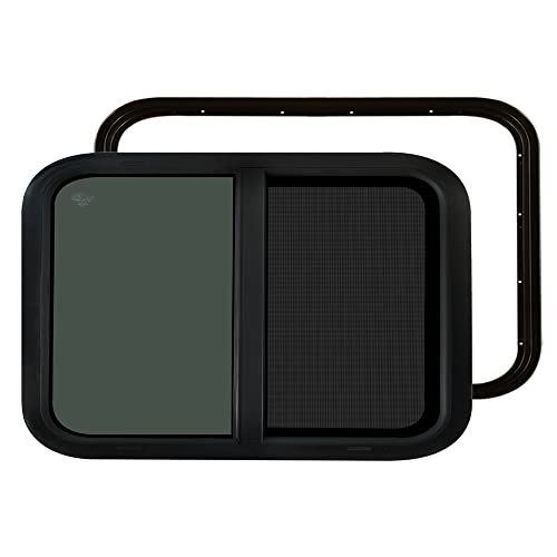 RV MURTS Trailer Window 24"x15", Tempered Glass with Screen & Trim Kit, 1-1/2" Wall Fit for Teardrop Camper, Cargo, Travel Motorhome, Horizontal Slide.(Aluminum, Shatterproof, Cold Insulation) - size: RV Window 24×15（1-1/2)