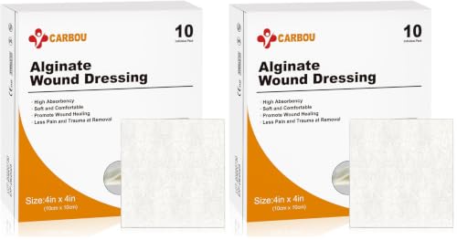 Carbou Calcium Alginate Wound Dressing, 4'' x 4'' Patches,10 Individual Sterile Pads, Soft and Highly Absorbent Dressing Gauze, Non-Stick Padding (Pack of 2) - size: 4x4 In (Pack of 20)
