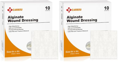 Carbou Calcium Alginate Wound Dressing, 4'' x 4'' Patches,10 Individual Sterile Pads, Soft and Highly Absorbent Dressing Gauze, Non-Stick Padding (Pack of 2) - size: 4x4 In (Pack of 20)