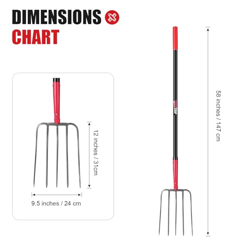 5-Tine Pitchfork Garden Fork Fiberglass Handle for Farm Work 57 in