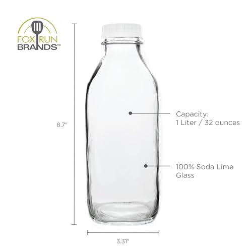 Fox Run Glass Classic Milk Bottle With Lid, 32 oz or 1 Quart Capacity