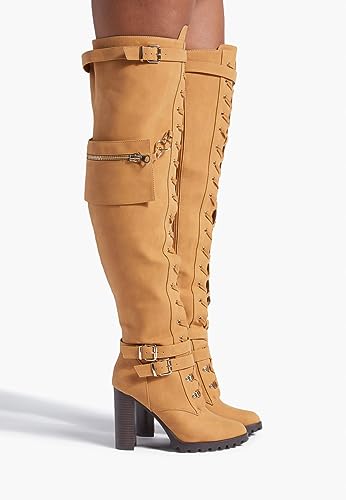 Yishaweiqi Buckle Strap Wide Calf Thigh High Boots for Women Chunky Block High Heel Over The Knee Boots Lace up Riding Combat Boots Ladies Side Zipper Tall Long Boots - color: Tan, size: 6