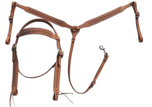 Leather Browband Headstall & Breastcollar Set Handcrafted Horse Riding Combo Stainless Steel Buckle Luxurious Horse Headstalls (Brown)