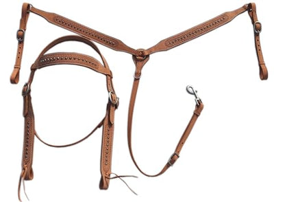 Leather Browband Headstall & Breastcollar Set Handcrafted Horse Riding Combo Stainless Steel Buckle Luxurious Horse Headstalls (Brown)