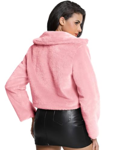Women's Cropped Faux Fur Jacket with Hidden Pockets and Buttons Plush Shawl Collar Cardigan Sexy Coat - color: Hot Pink, size: Medium