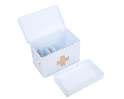 Lassos Boutique 13" Retro Enameled First Aid Box, Medicine Storage with Lid, Tray, Dividers, White/Tan